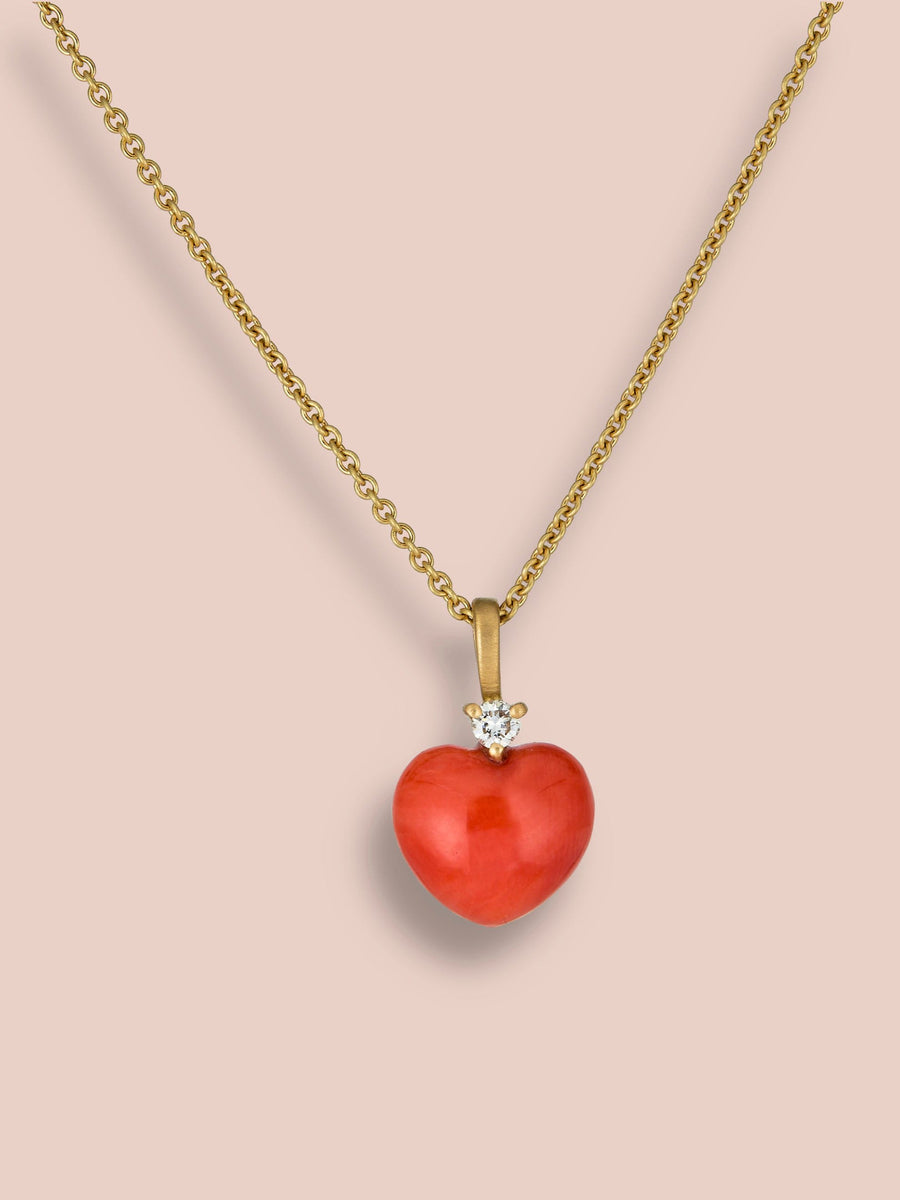 Heart pendant - Coral and Diamond