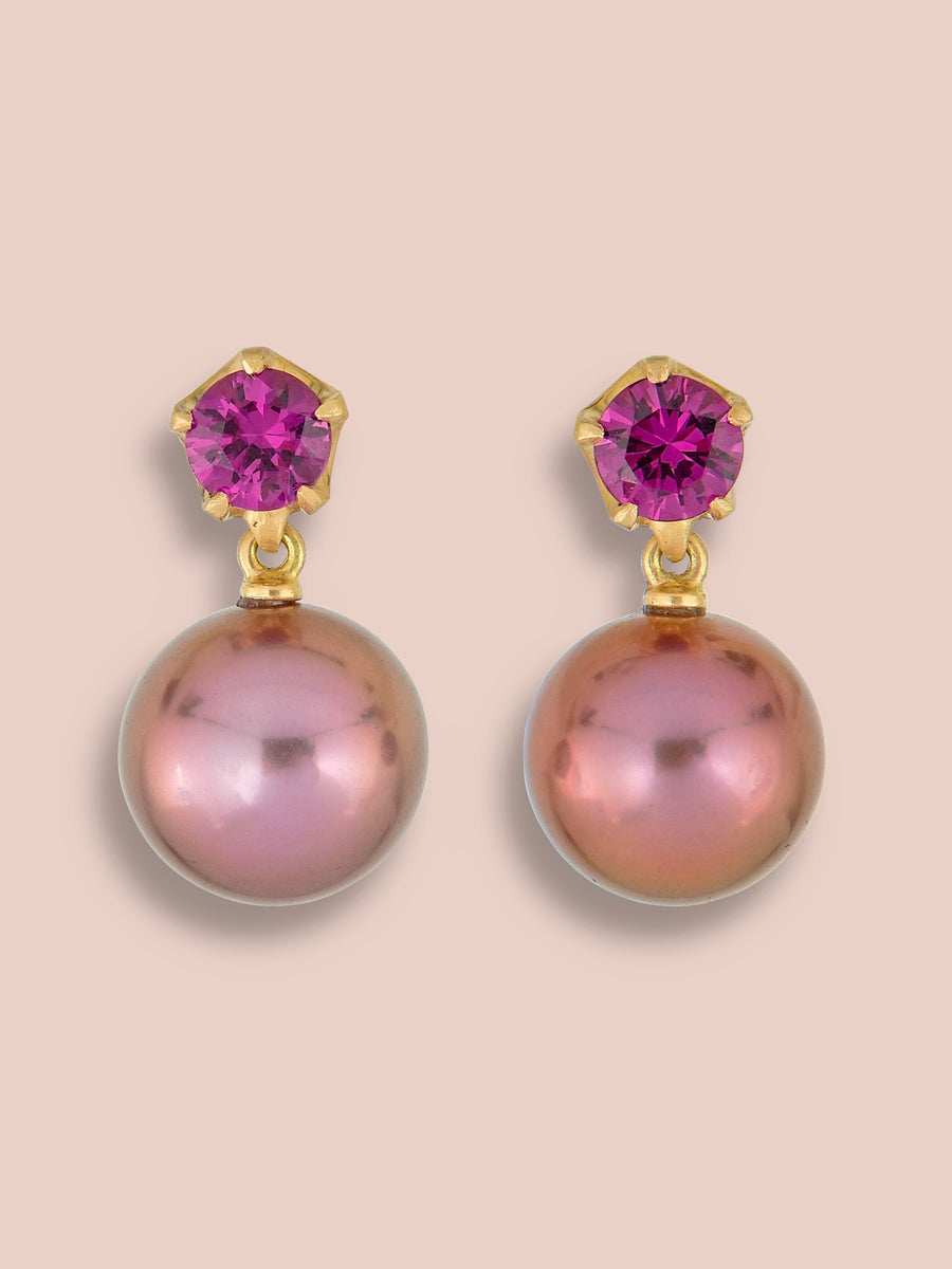 Rhodolite Garnet and Pearl Pendant earrings