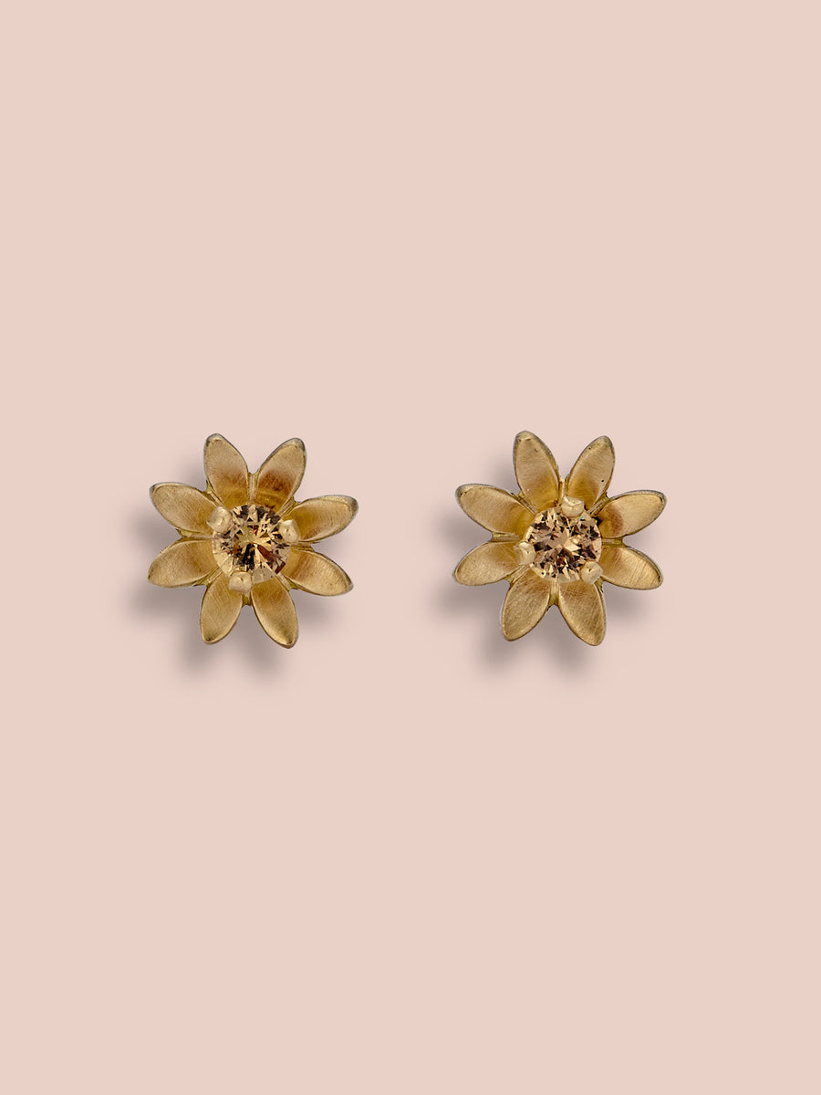 Gold flower studs - Yellow Sapphire