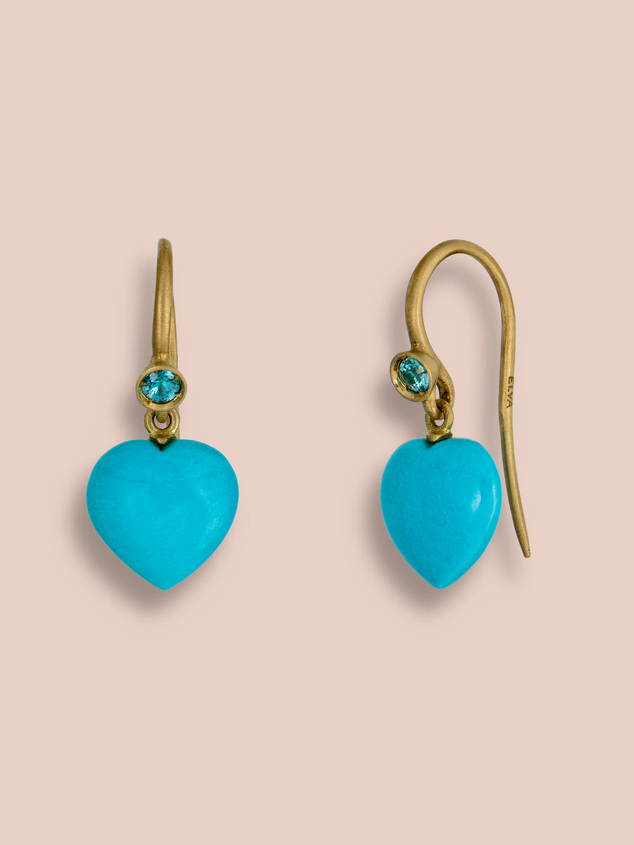 Everyday heart earrings - Turquoise and Blue Zircon