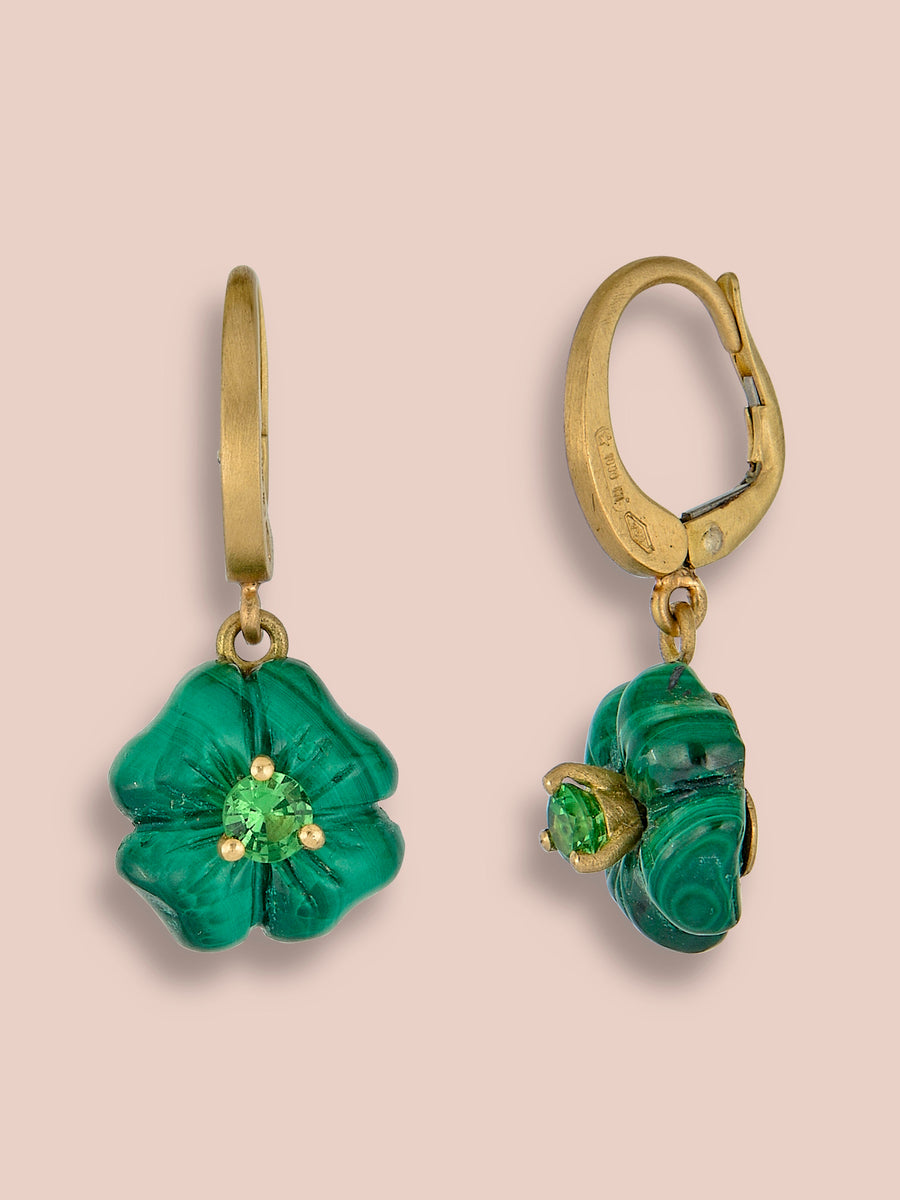 Clover Pendant Earrings - Malachite and Tsavorite