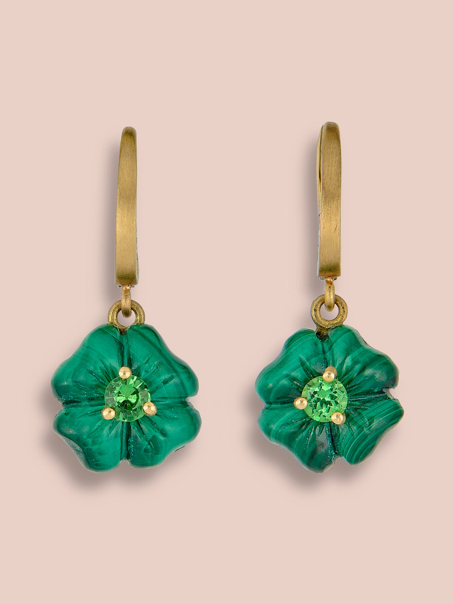 Clover Pendant Earrings - Malachite and Tsavorite