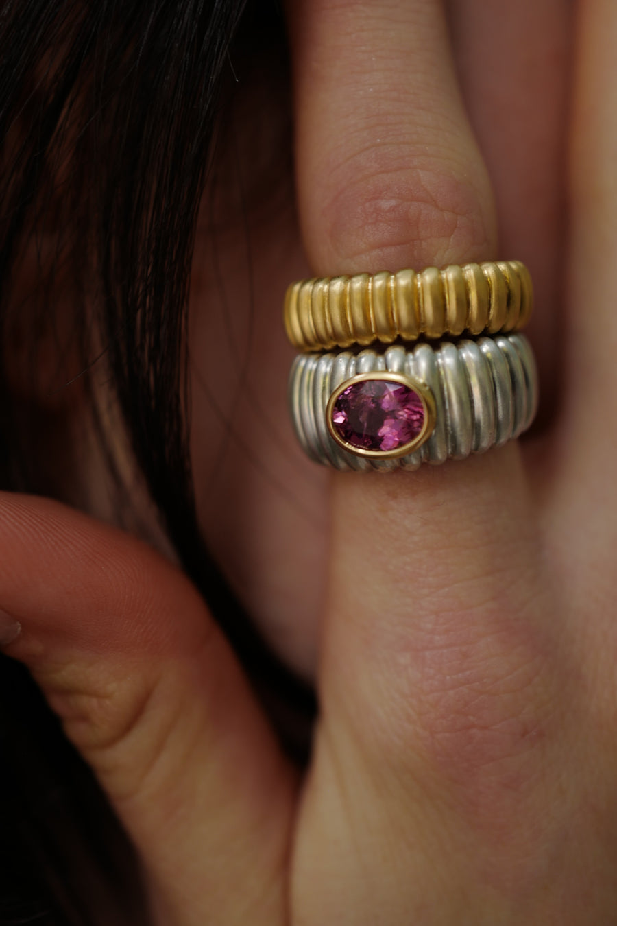 Two Tone Anello rigato medium - Pink Tourmaline